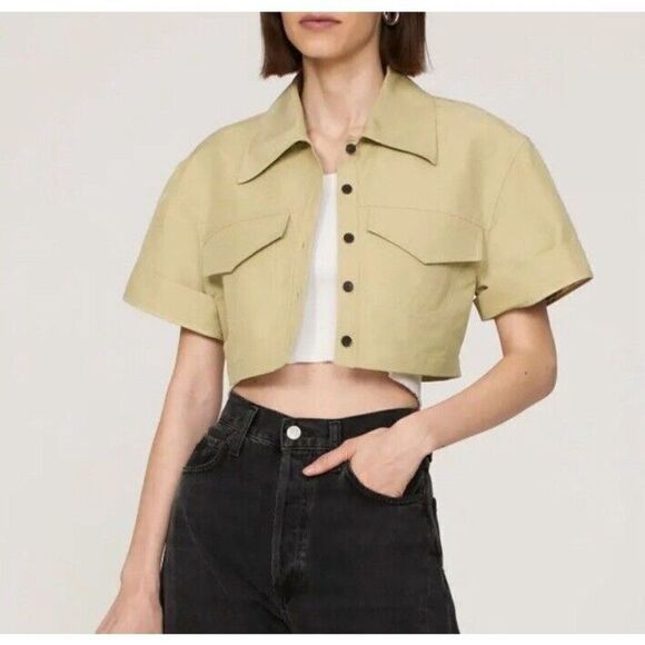 LVIR Crop Top Womens Large L Khaki Tan Half Sleeve Shirt Collared Button Front - Picture 1 of 12